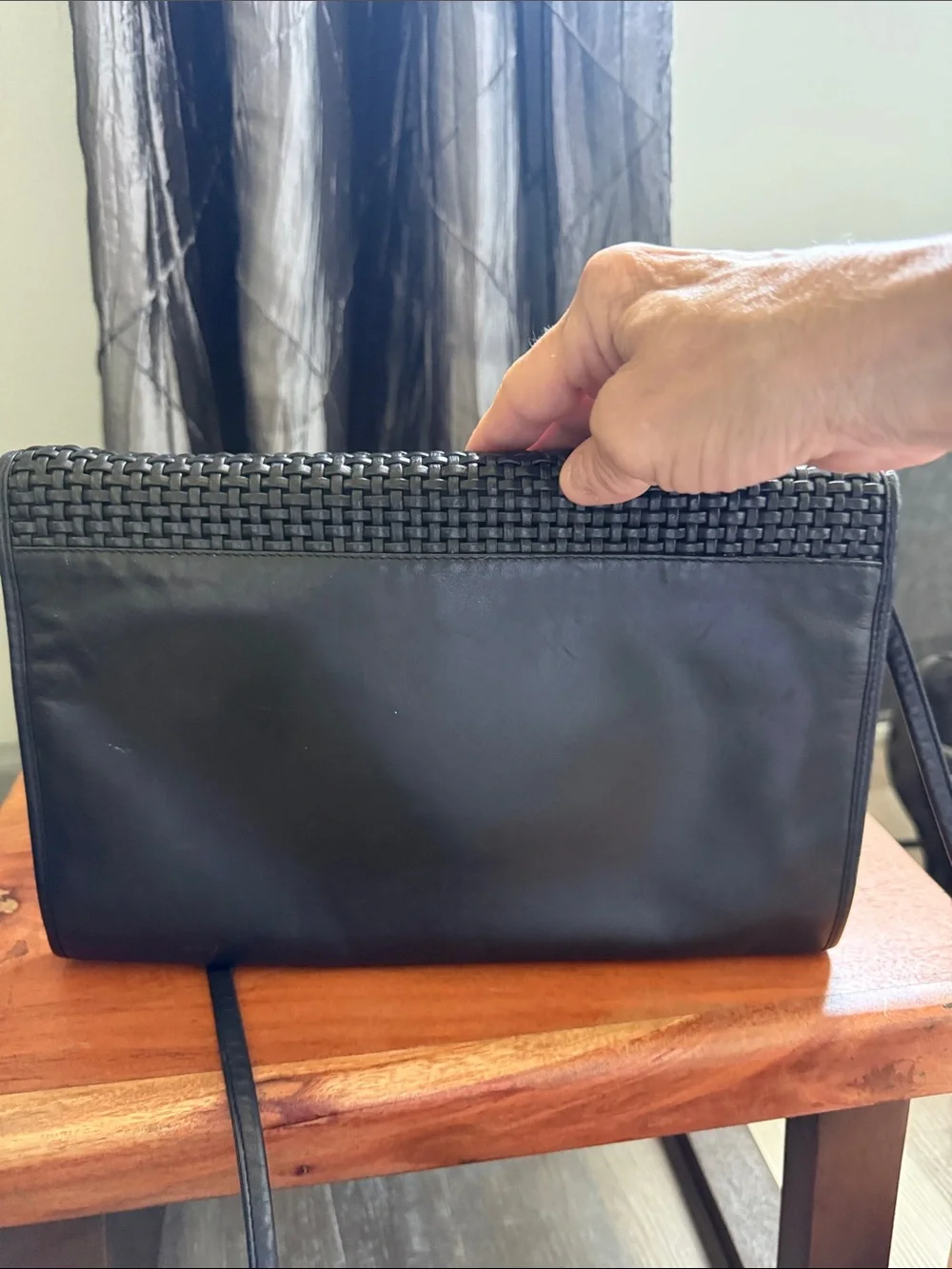 Vintage Etienne Aigner Black Woven Flap Messenger Bag with Gold Logo